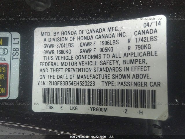 Photo 8 VIN: 2HGFG3B54EH520223 - HONDA CIVIC COUPE 