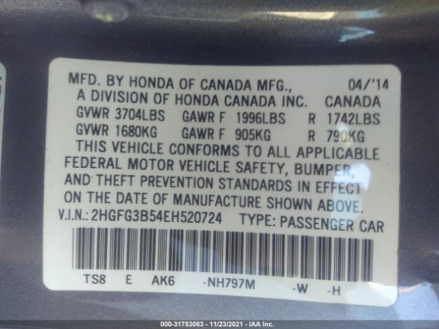 Photo 8 VIN: 2HGFG3B54EH520724 - HONDA CIVIC COUPE 