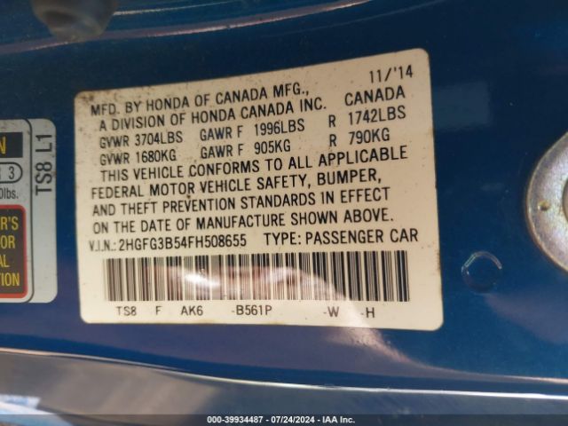 Photo 8 VIN: 2HGFG3B54FH508655 - HONDA CIVIC 