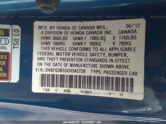 Photo 8 VIN: 2HGFG3B55CH542728 - HONDA CIVIC CPE 