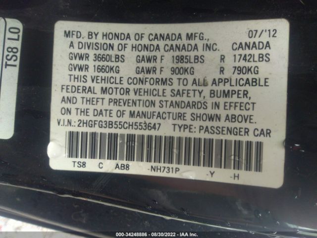 Photo 8 VIN: 2HGFG3B55CH553647 - HONDA CIVIC CPE 