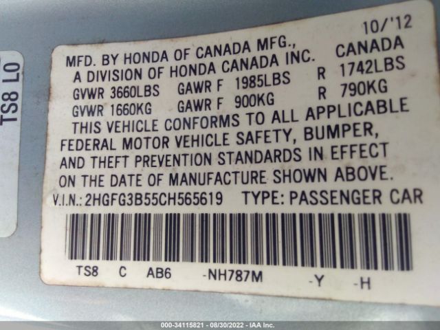 Photo 8 VIN: 2HGFG3B55CH565619 - HONDA CIVIC CPE 