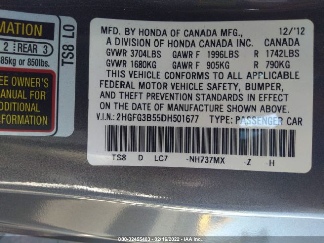 Photo 8 VIN: 2HGFG3B55DH501677 - HONDA CIVIC CPE 