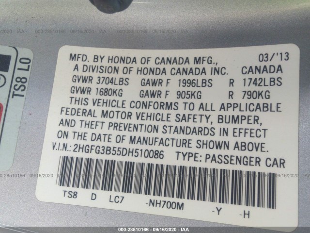 Photo 8 VIN: 2HGFG3B55DH510086 - HONDA CIVIC CPE 