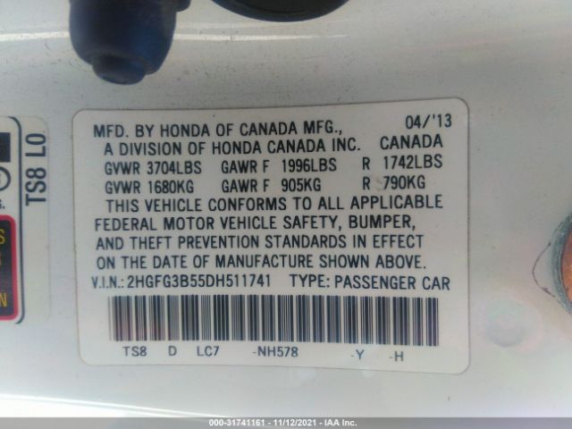 Photo 8 VIN: 2HGFG3B55DH511741 - HONDA CIVIC CPE 