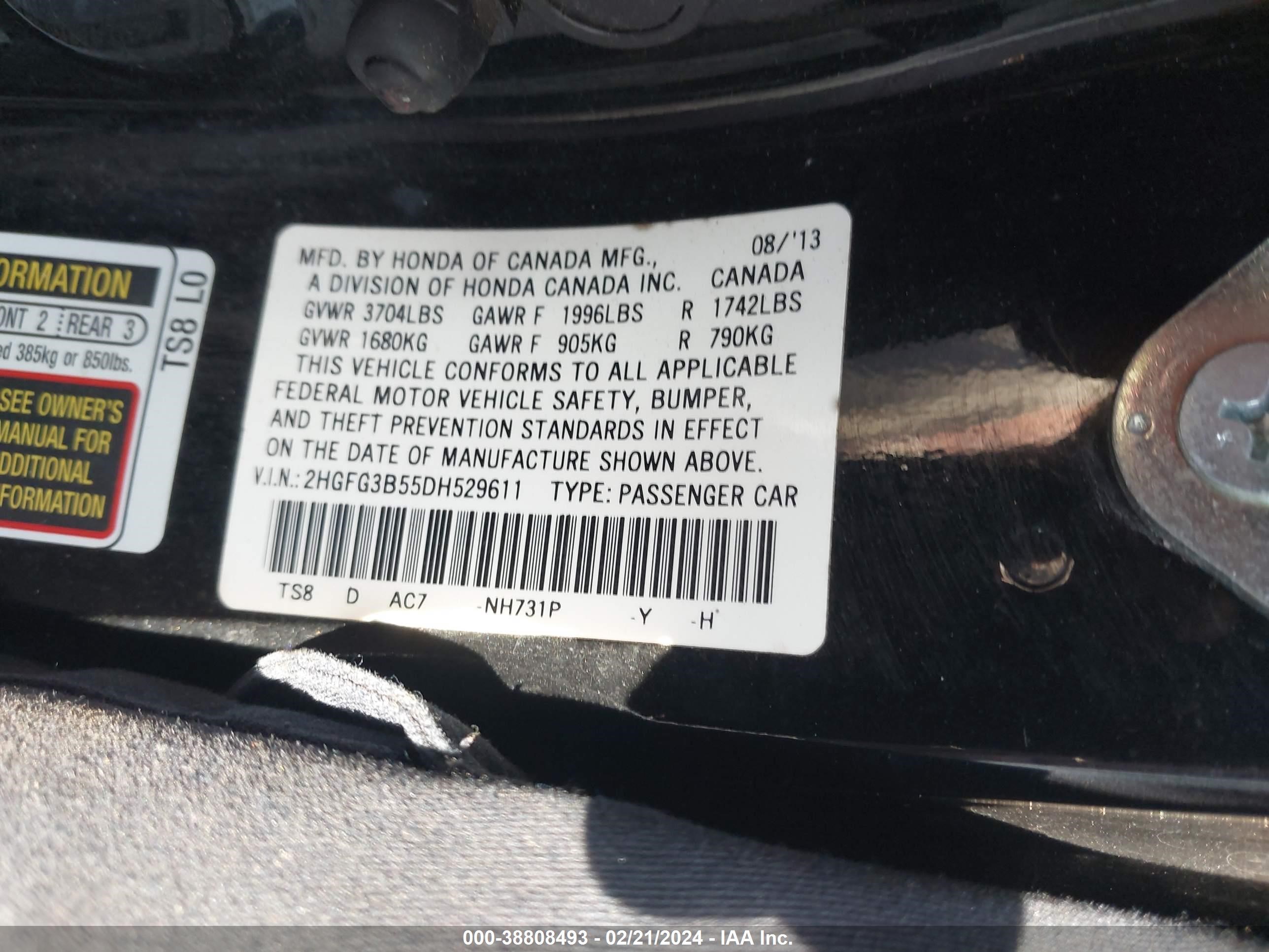 Photo 8 VIN: 2HGFG3B55DH529611 - HONDA CIVIC 