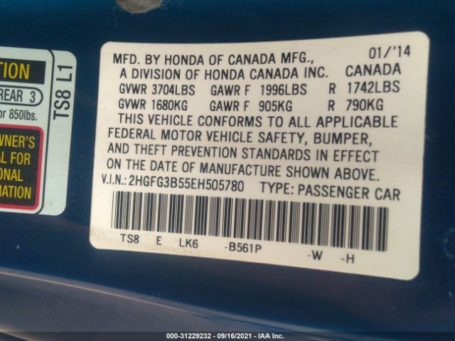 Photo 8 VIN: 2HGFG3B55EH505780 - HONDA CIVIC COUPE 