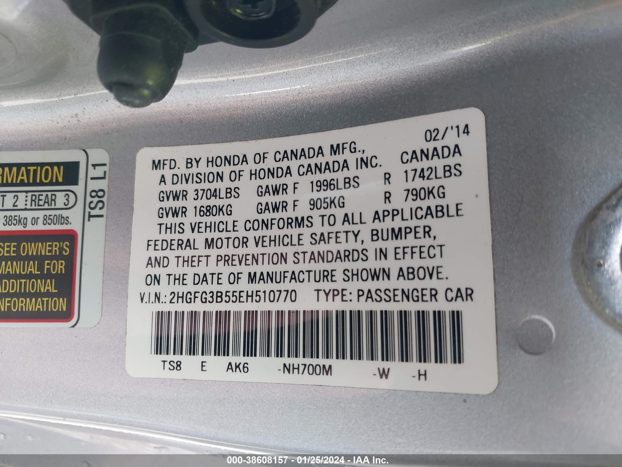 Photo 8 VIN: 2HGFG3B55EH510770 - HONDA CIVIC 