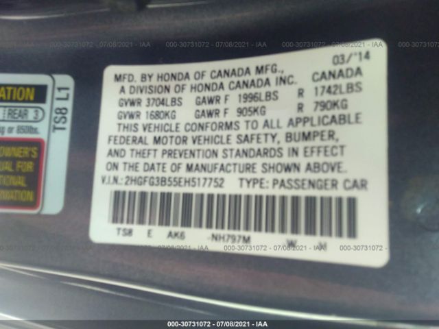 Photo 8 VIN: 2HGFG3B55EH517752 - HONDA CIVIC COUPE 