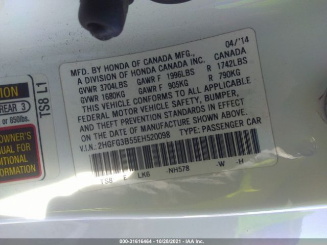 Photo 8 VIN: 2HGFG3B55EH520098 - HONDA CIVIC COUPE 