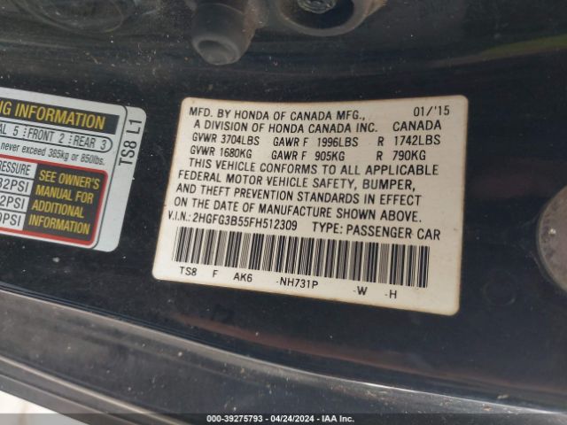 Photo 8 VIN: 2HGFG3B55FH512309 - HONDA CIVIC 