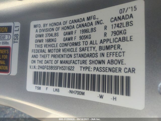 Photo 8 VIN: 2HGFG3B55FH531622 - HONDA CIVIC COUPE 