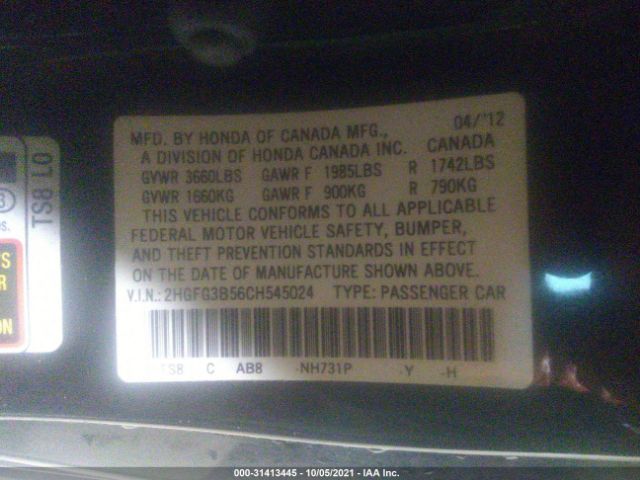 Photo 8 VIN: 2HGFG3B56CH545024 - HONDA CIVIC CPE 