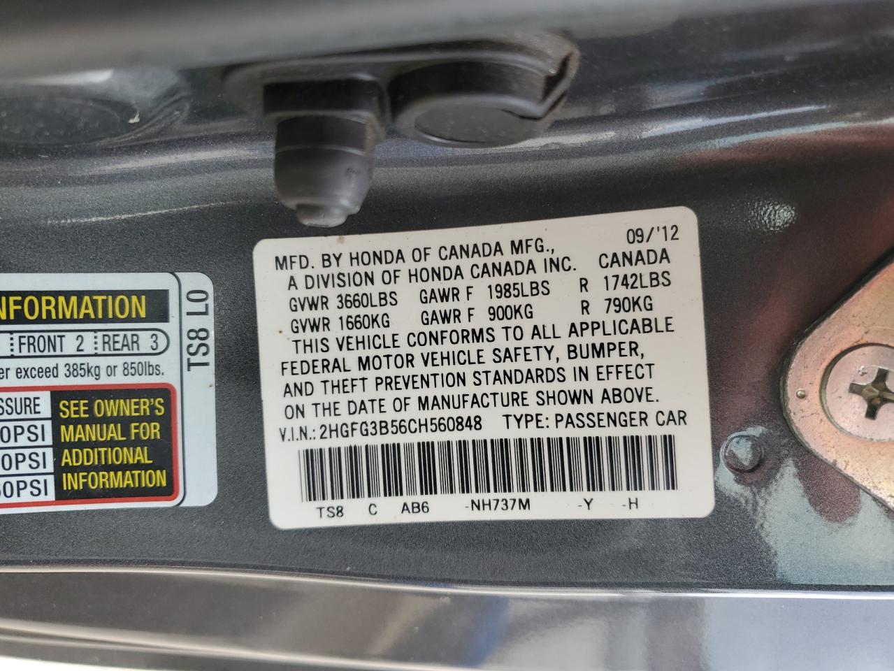 Photo 11 VIN: 2HGFG3B56CH560848 - HONDA CIVIC 