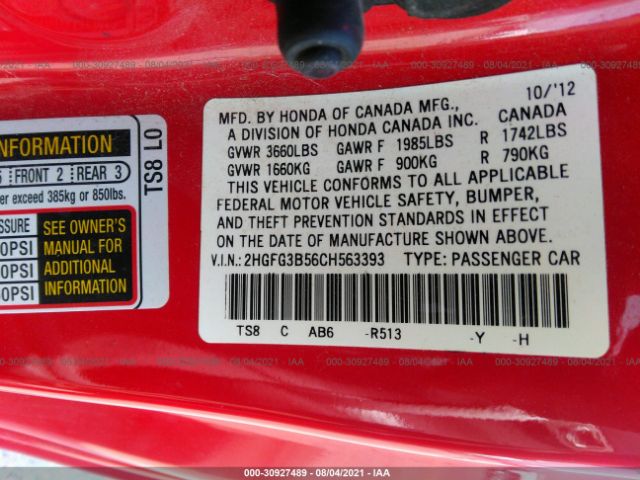 Photo 8 VIN: 2HGFG3B56CH563393 - HONDA CIVIC CPE 