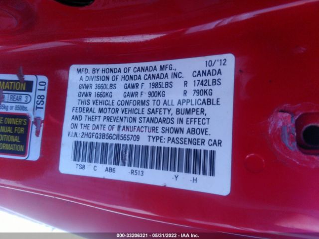 Photo 8 VIN: 2HGFG3B56CH565709 - HONDA CIVIC CPE 