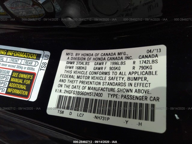 Photo 8 VIN: 2HGFG3B56DH512400 - HONDA CIVIC CPE 