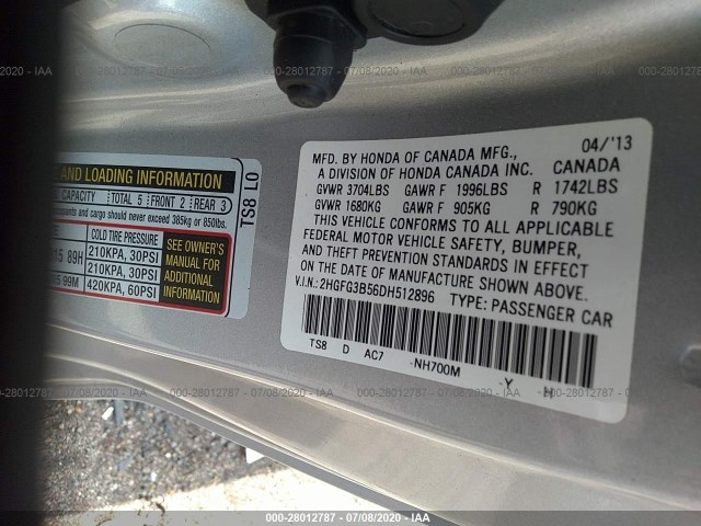 Photo 8 VIN: 2HGFG3B56DH512896 - HONDA CIVIC CPE 