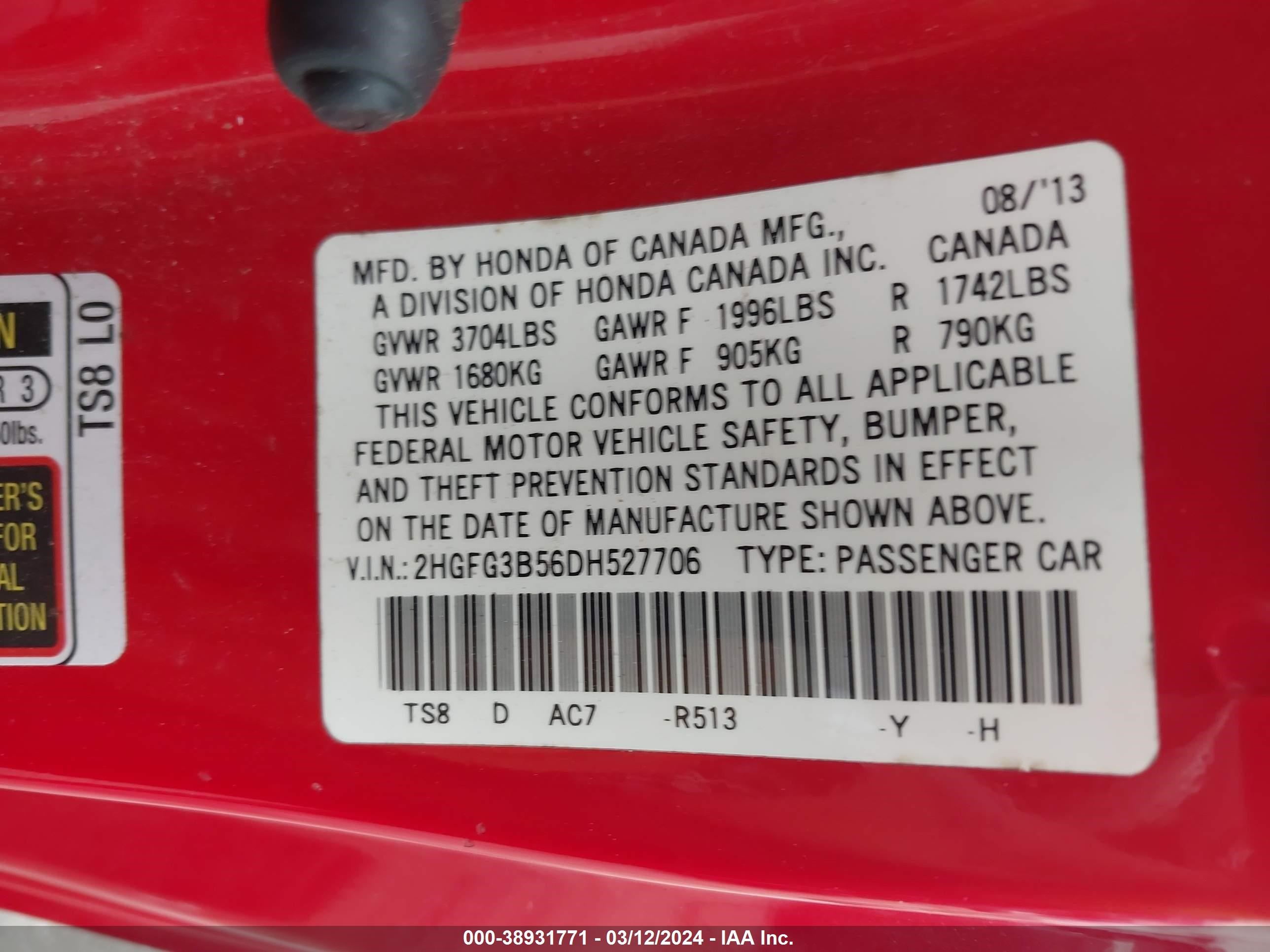 Photo 8 VIN: 2HGFG3B56DH527706 - HONDA CIVIC 