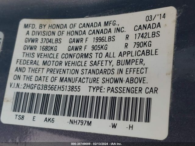 Photo 8 VIN: 2HGFG3B56EH513855 - HONDA CIVIC 