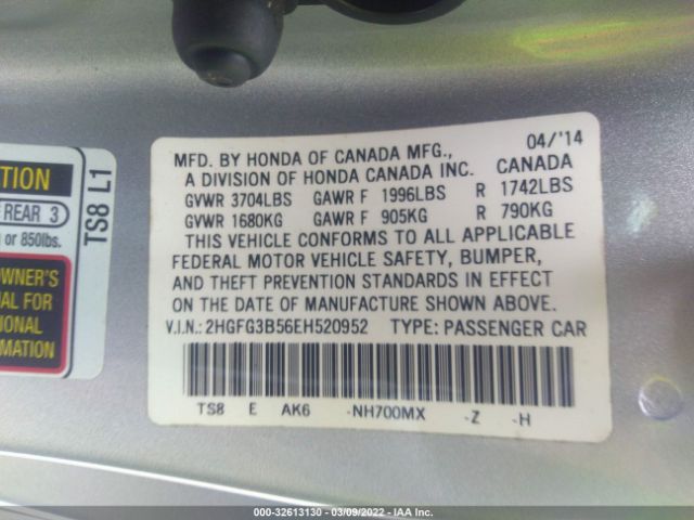 Photo 8 VIN: 2HGFG3B56EH520952 - HONDA CIVIC COUPE 