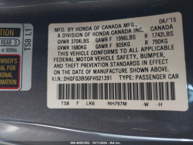 Photo 8 VIN: 2HGFG3B56FH521391 - HONDA CIVIC 