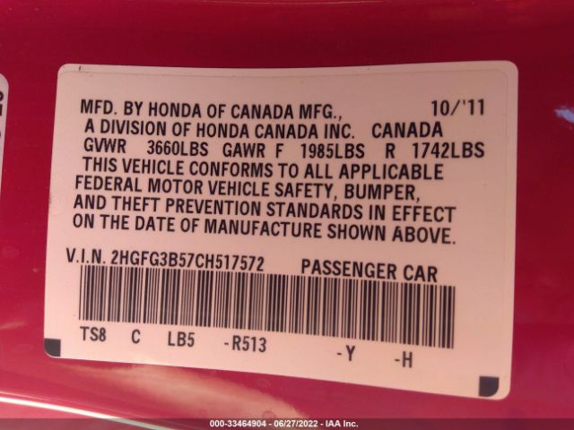 Photo 8 VIN: 2HGFG3B57CH517572 - HONDA CIVIC CPE 