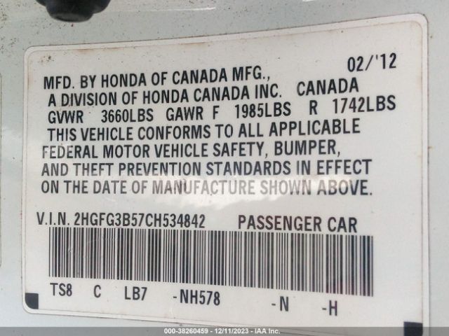 Photo 8 VIN: 2HGFG3B57CH534842 - HONDA CIVIC CPE 