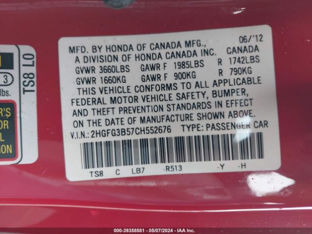 Photo 8 VIN: 2HGFG3B57CH552676 - HONDA CIVIC 