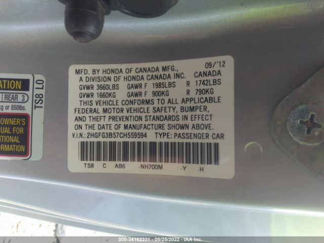 Photo 8 VIN: 2HGFG3B57CH559594 - HONDA CIVIC CPE 