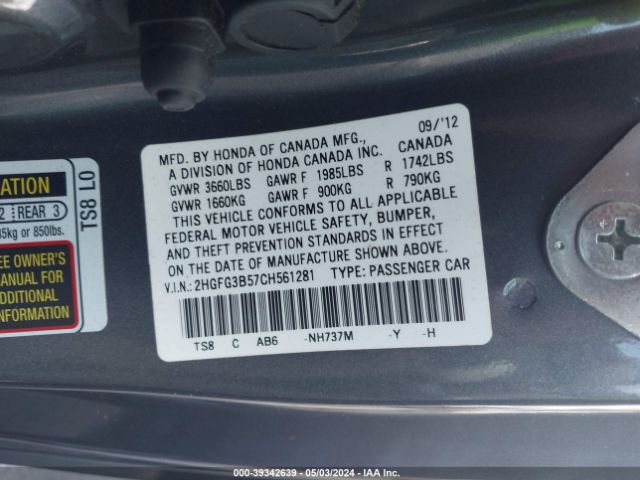 Photo 8 VIN: 2HGFG3B57CH561281 - HONDA CIVIC 