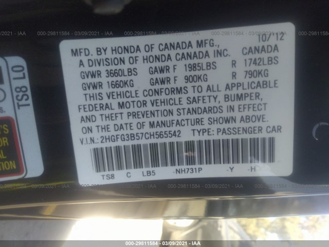 Photo 8 VIN: 2HGFG3B57CH565542 - HONDA CIVIC CPE 