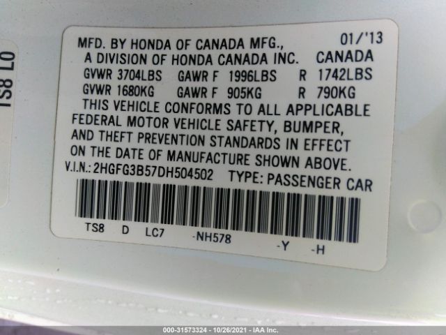 Photo 8 VIN: 2HGFG3B57DH504502 - HONDA CIVIC CPE 