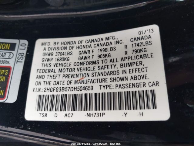 Photo 8 VIN: 2HGFG3B57DH504659 - HONDA CIVIC 