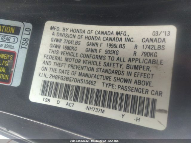 Photo 8 VIN: 2HGFG3B57DH510462 - HONDA CIVIC CPE 