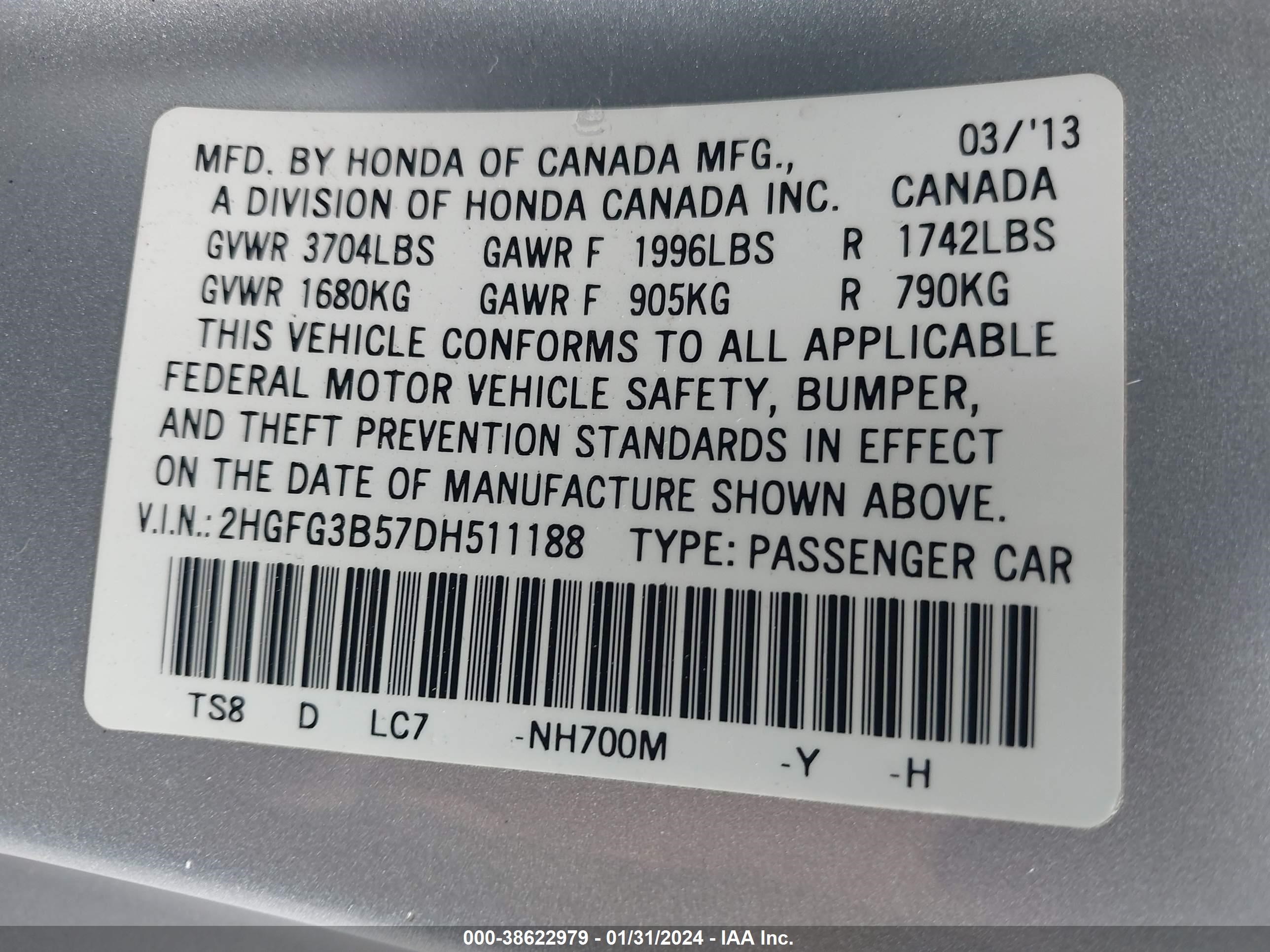 Photo 8 VIN: 2HGFG3B57DH511188 - HONDA CIVIC 