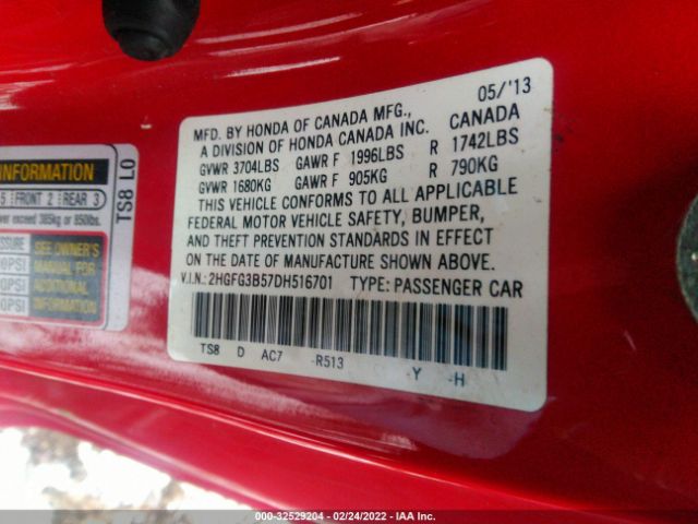 Photo 8 VIN: 2HGFG3B57DH516701 - HONDA CIVIC CPE 