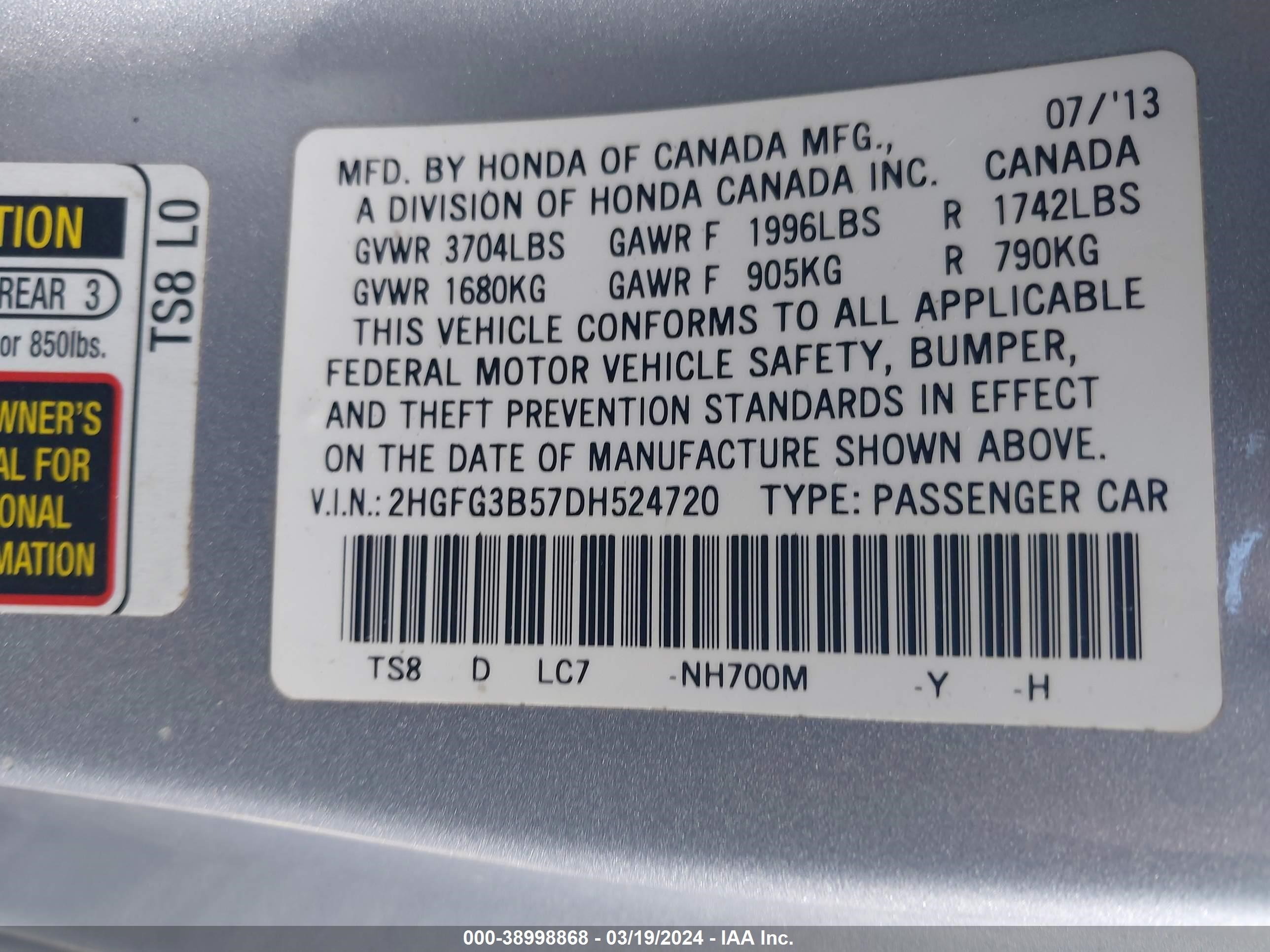 Photo 8 VIN: 2HGFG3B57DH524720 - HONDA CIVIC 