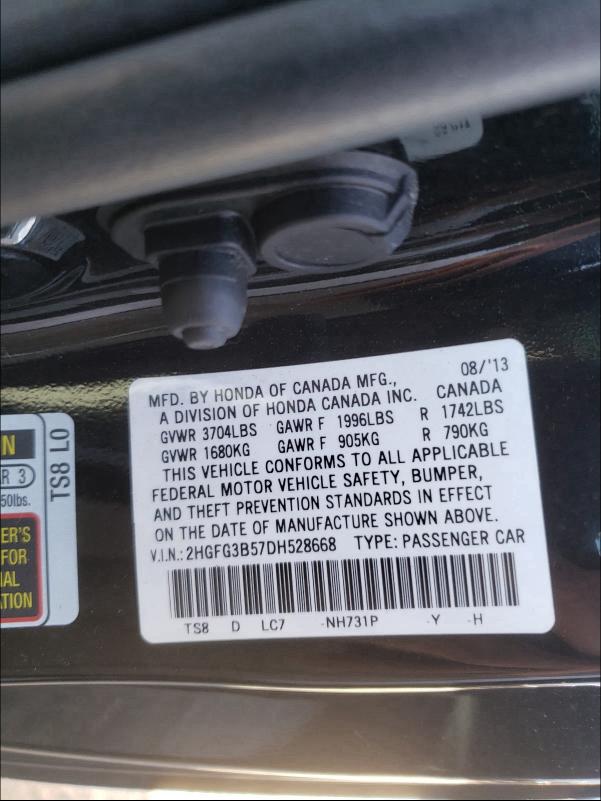 Photo 9 VIN: 2HGFG3B57DH528668 - HONDA CIVIC LX 