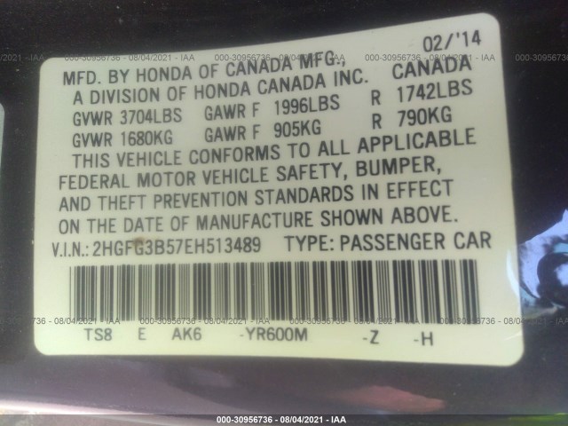 Photo 8 VIN: 2HGFG3B57EH513489 - HONDA CIVIC COUPE 