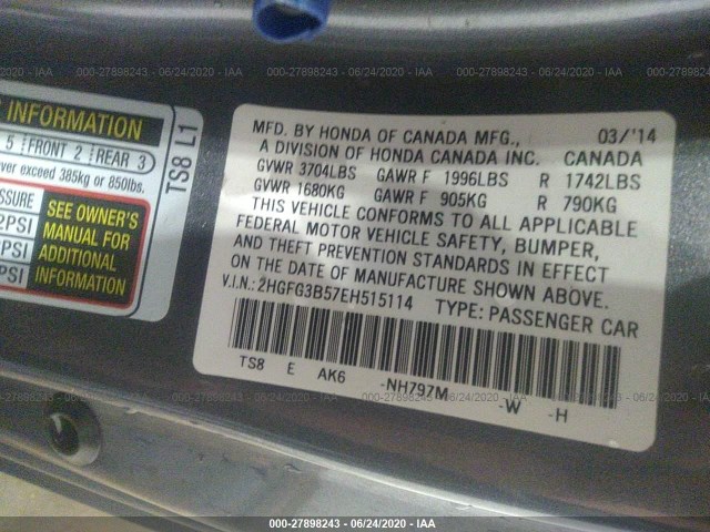 Photo 8 VIN: 2HGFG3B57EH515114 - HONDA CIVIC COUPE 