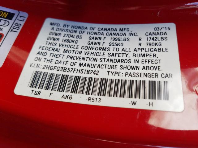 Photo 9 VIN: 2HGFG3B57FH518242 - HONDA CIVIC LX 