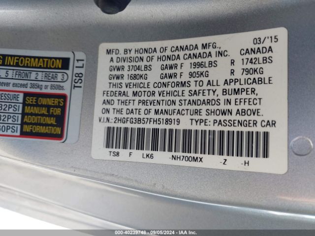 Photo 8 VIN: 2HGFG3B57FH518919 - HONDA CIVIC 