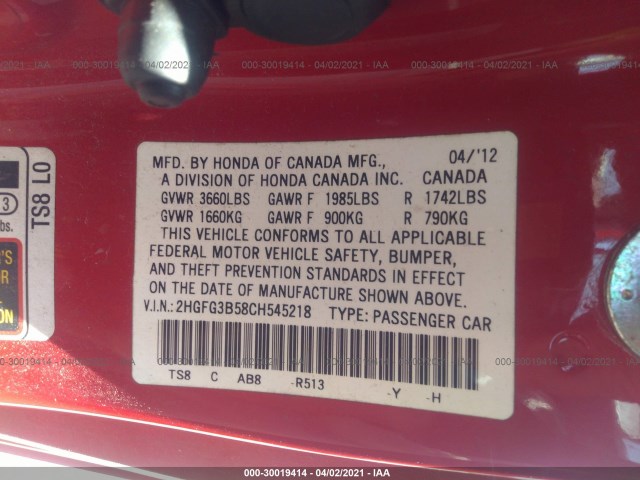 Photo 8 VIN: 2HGFG3B58CH545218 - HONDA CIVIC CPE 