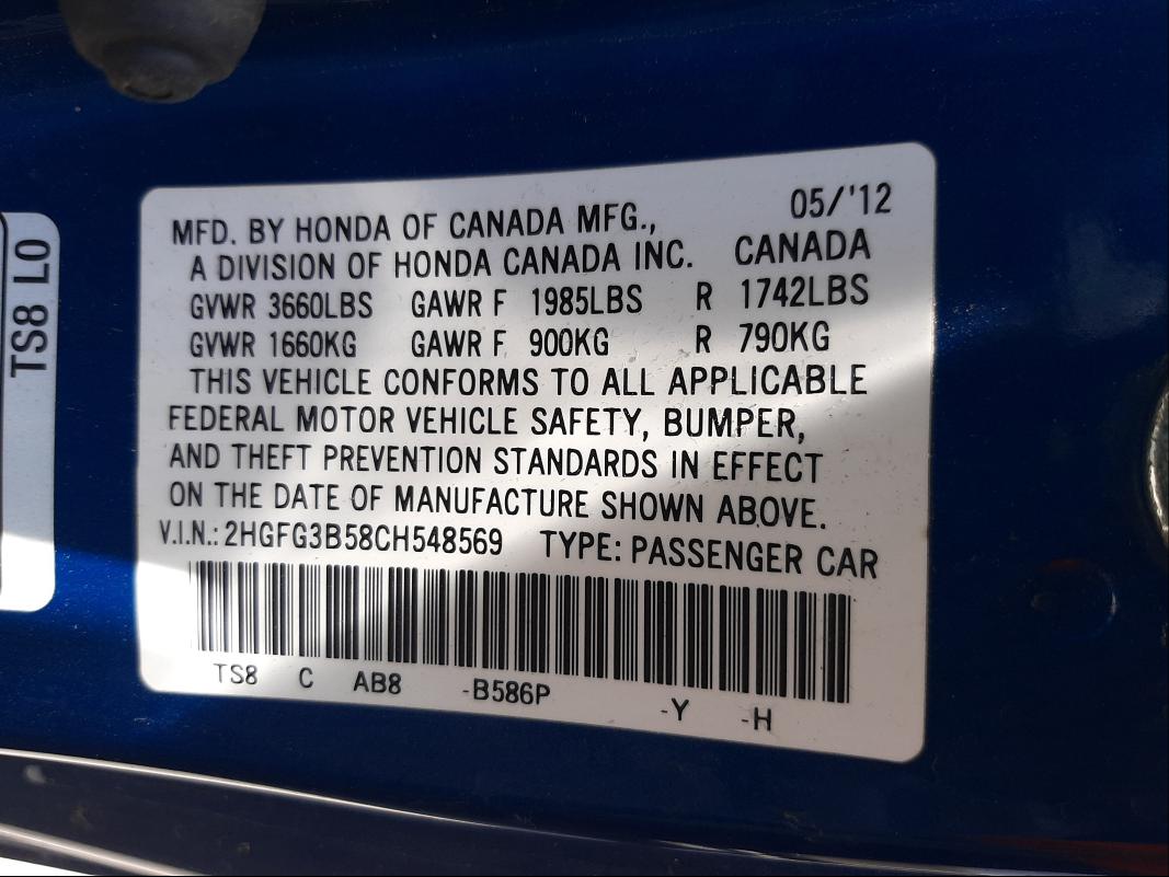 Photo 9 VIN: 2HGFG3B58CH548569 - HONDA CIVIC LX 