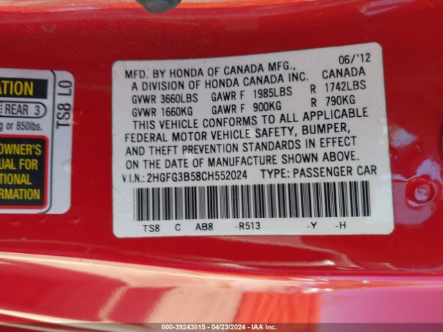 Photo 8 VIN: 2HGFG3B58CH552024 - HONDA CIVIC 