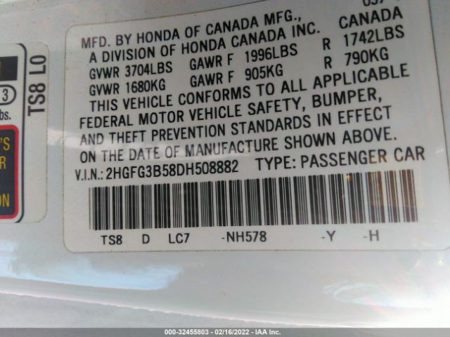 Photo 8 VIN: 2HGFG3B58DH508882 - HONDA CIVIC CPE 