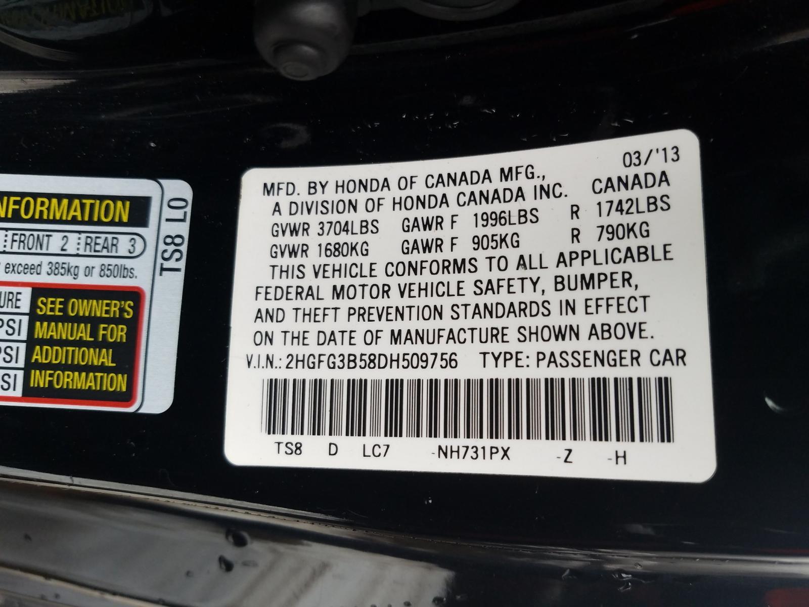 Photo 9 VIN: 2HGFG3B58DH509756 - HONDA CIVIC LX 