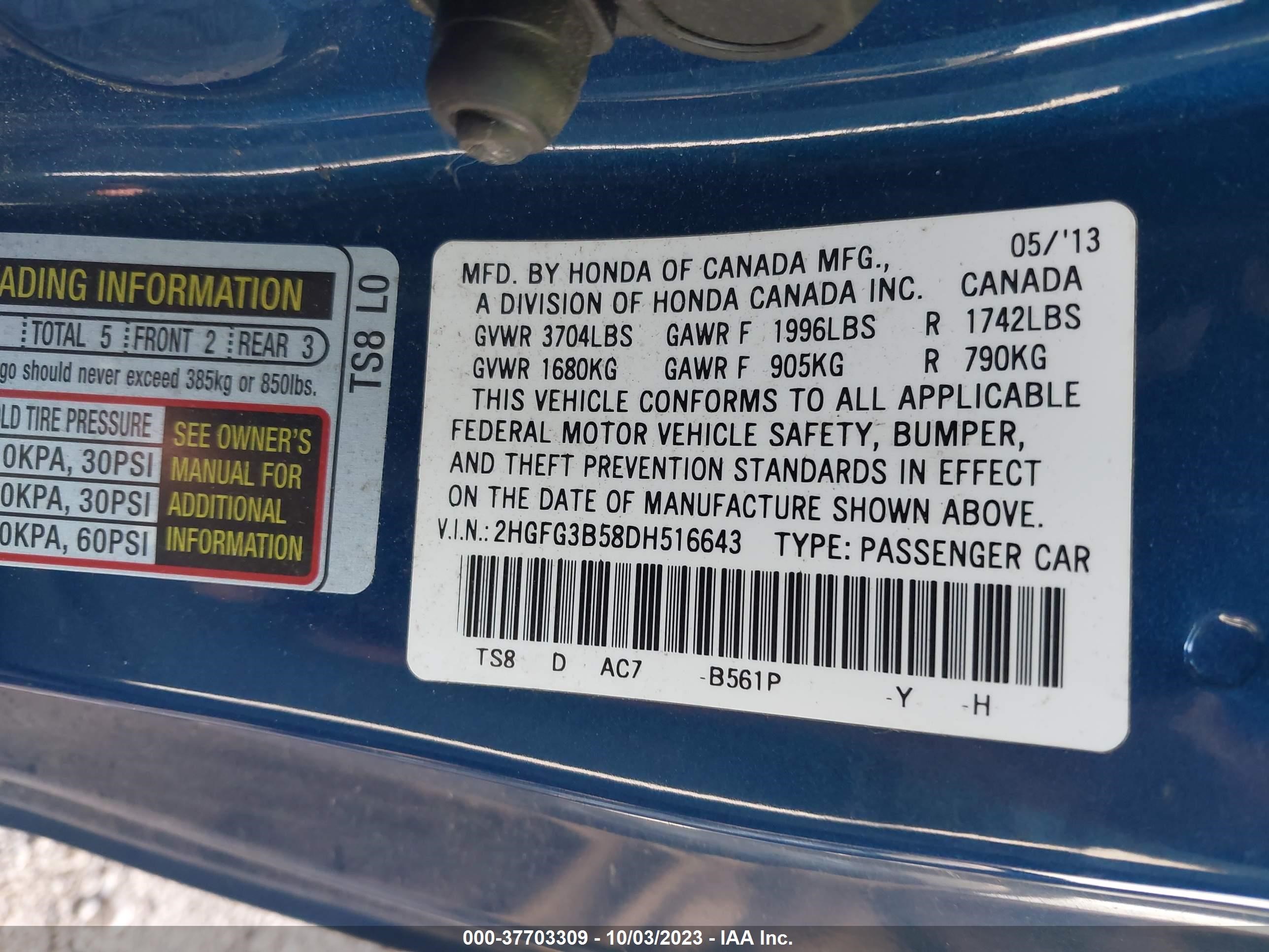 Photo 8 VIN: 2HGFG3B58DH516643 - HONDA CIVIC 