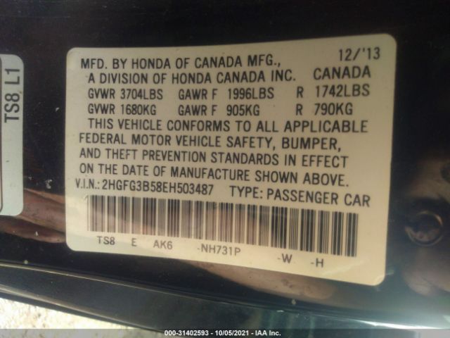 Photo 8 VIN: 2HGFG3B58EH503487 - HONDA CIVIC COUPE 